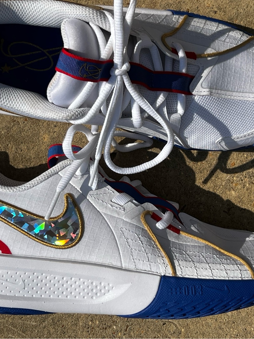 Kids White Athletic Sneakers with Blue & Gold Accents
